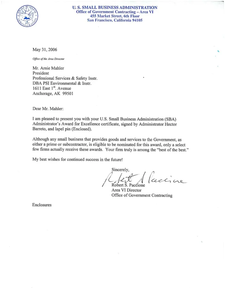 2006 united states sba administrator's award for excellence letter